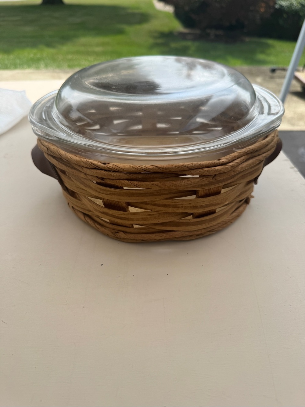 Pyrex Clear Glass Casserole Dish with Woven Brown Rattan Basket